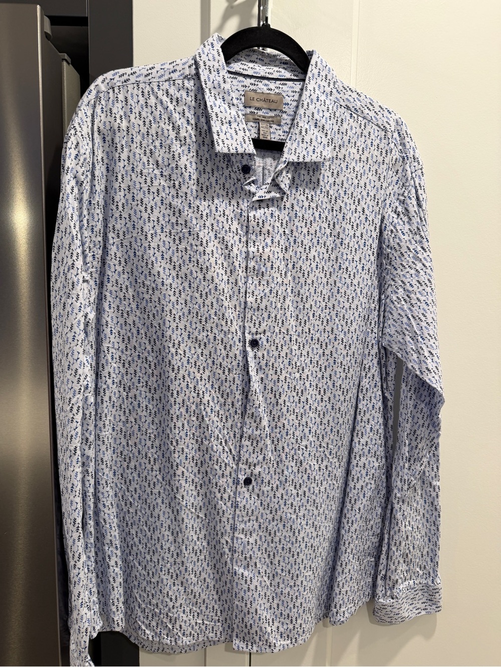 Le Chateau White Dress Shirt with Blue Micro Print